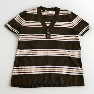 XXL Vintage Y2K Brown Striped Ribbed‎ Henley Top Small Stretch Wood Button S/S